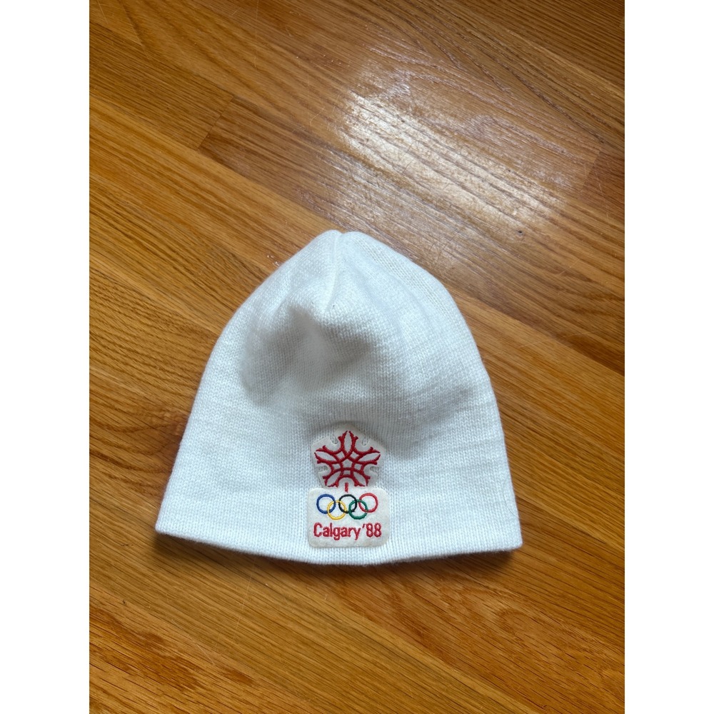 Vintage 1988 Calgary Winter Olympics White Knit Beanie Hat Embroidered Logo
